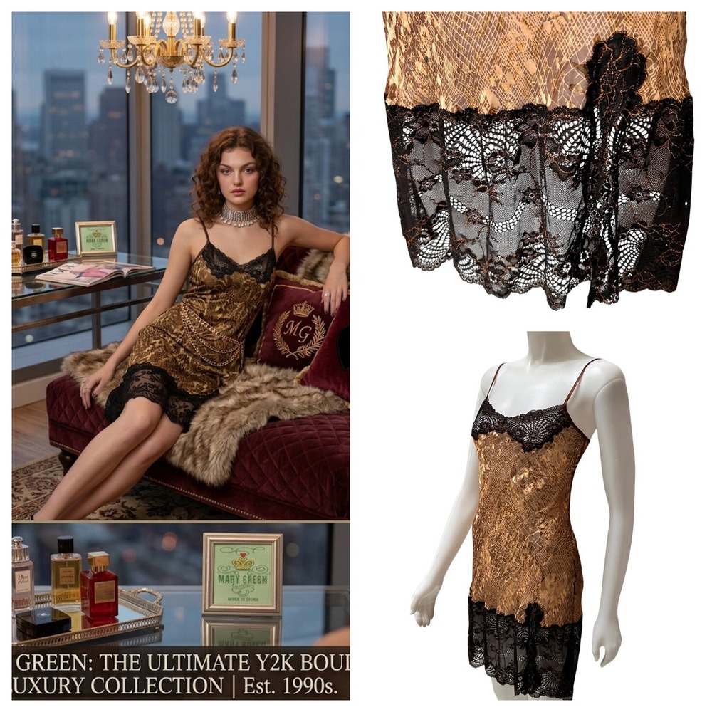 Vintage Mary Green Silk Slip Dress 90s Snake Print Lace Gold Brown Coquette Sz S